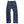 A pair of blue denim jeans laid flat, showcasing the natural plant dyed Indigo pattern and green selvedge.