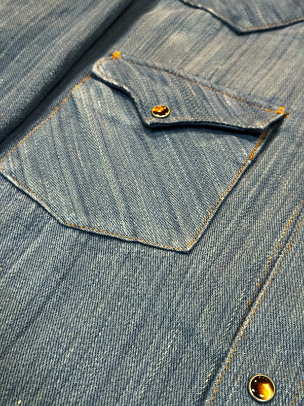 Close-up of a blue denim shirt with button details