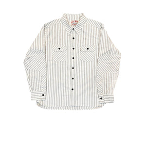 White and gray striped shirt with black buttons on a white background