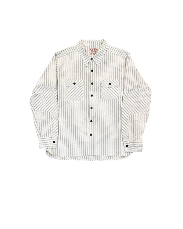 White and gray striped shirt with black buttons on a white background