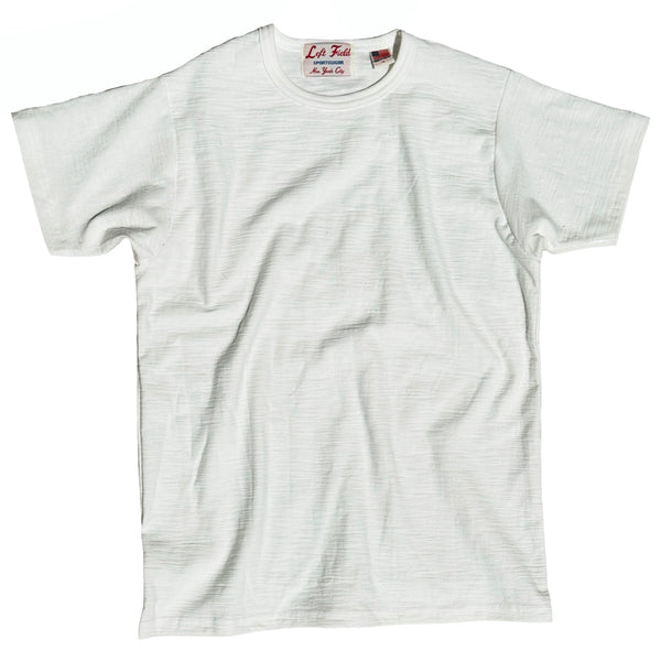 A white crew neck T-shirt with short sleeves, displayed against a plain background.